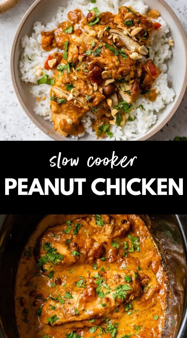 Slow cooker peanut chicken dish served with rice and vegetables