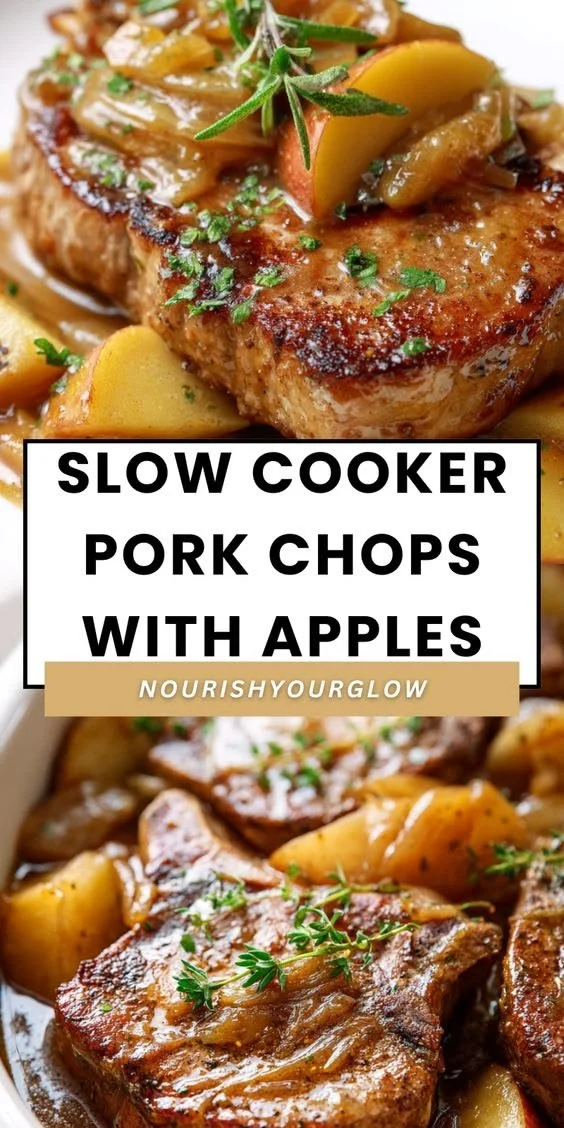 Slow cooker pork chops cooked with apples for a delicious, savory meal