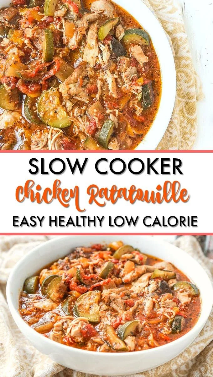 Slow cooker ratatouille with chicken served in a bowl with fresh herbs