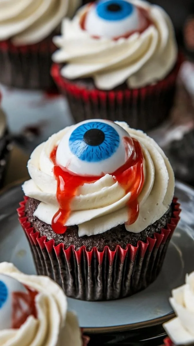 Spooky Halloween eyeball cupcakes with Oreo and red icing for Halloween dessert
