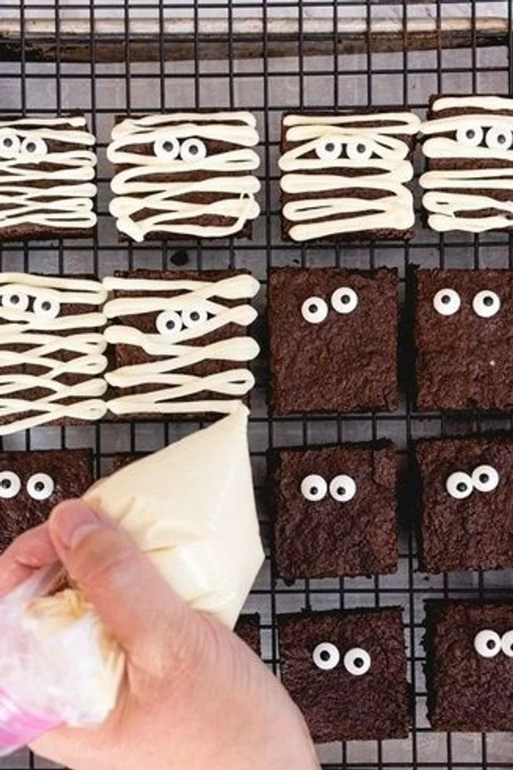 Spooky mummy brownies decorated for Halloween