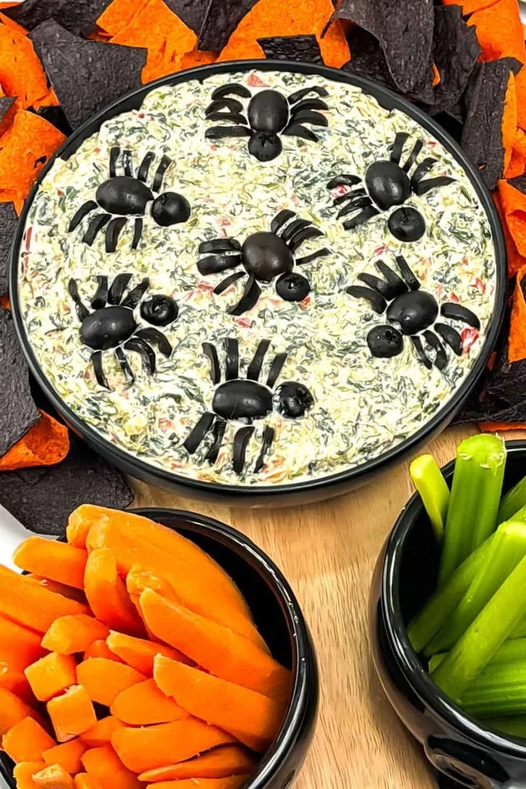 Spooky Spinach Dip served in a Halloween-themed bowl