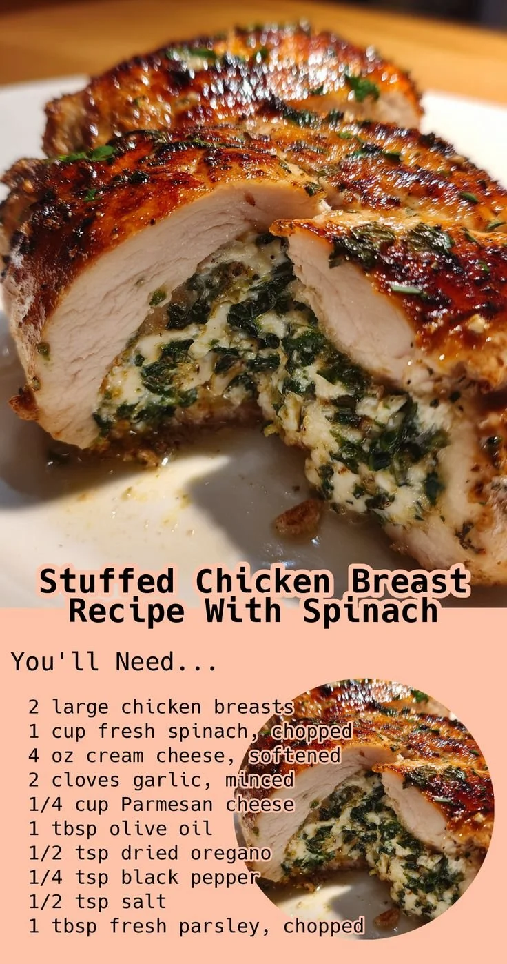 Delicious stuffed chicken breast recipe with spinach and cheese filling.