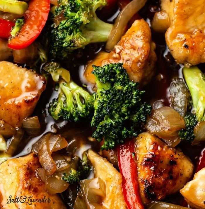 Teriyaki chicken stir fry with vegetables in a pan