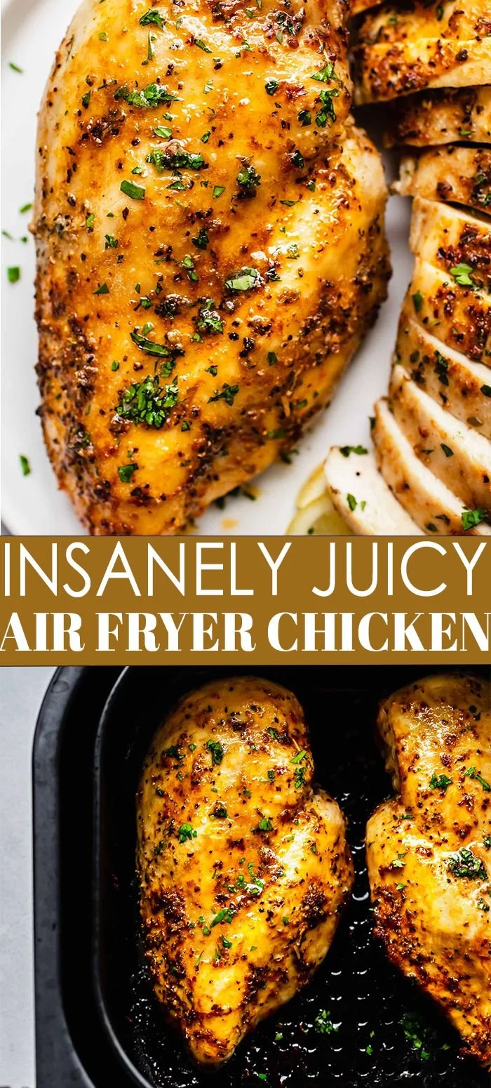 Delicious air fryer chicken breasts served with herbs and spices.