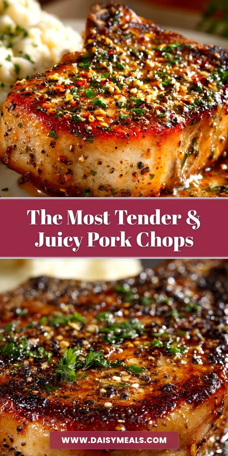 Juicy baked pork chops on a plate with herbs and spices
