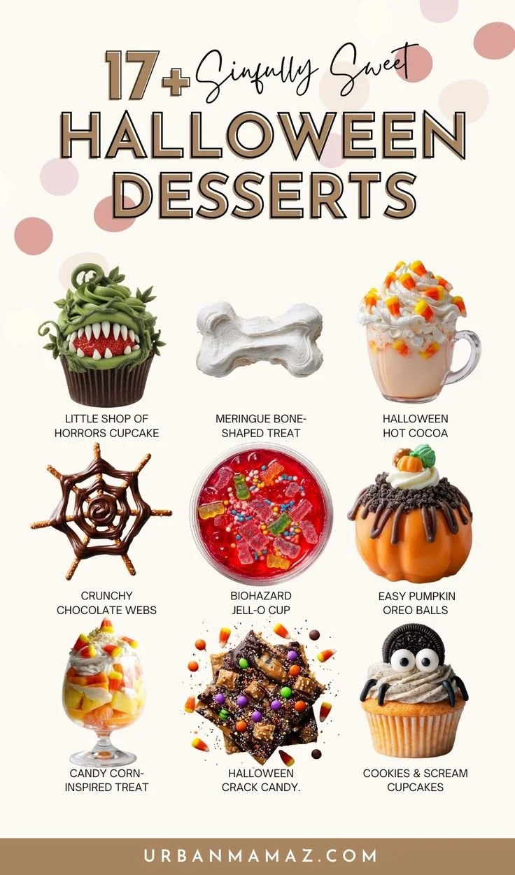 An array of creepy Halloween desserts including cupcakes, cookies, and treats.
