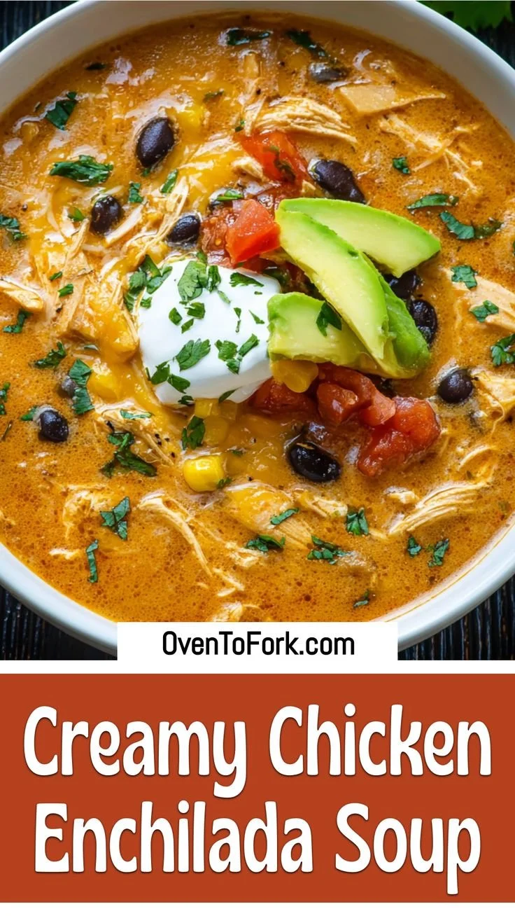 Creamy chicken enchilada soup in a bowl topped with cheese and cilantro