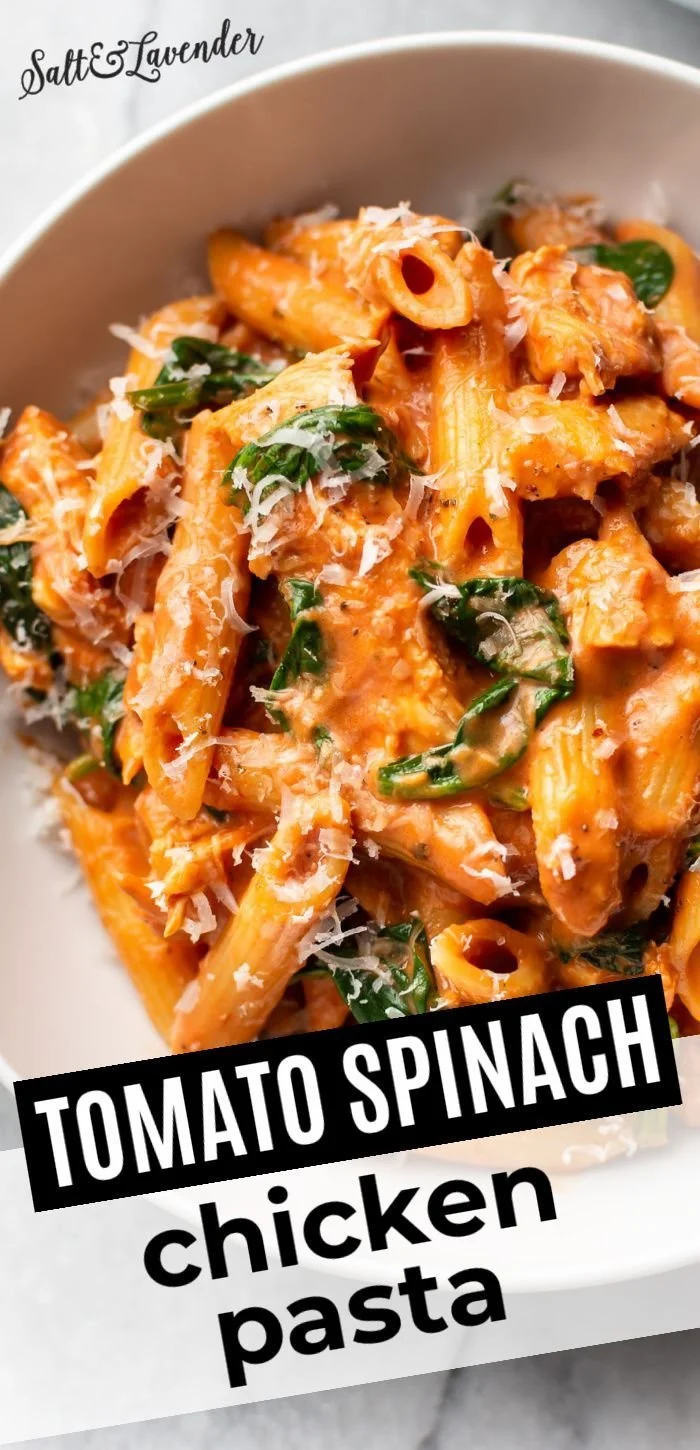 Delicious Tomato Spinach Chicken Pasta served in a bowl