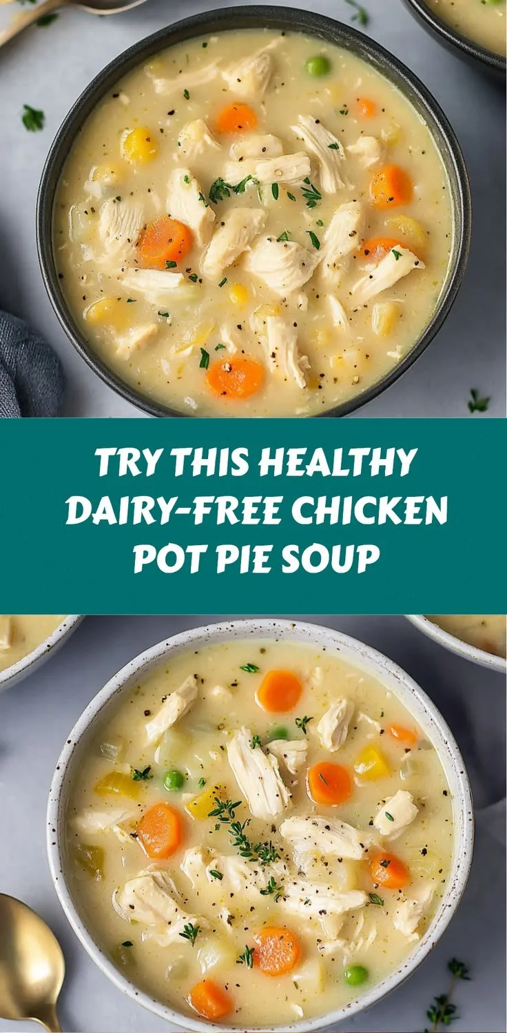 Bowl of healthy dairy-free chicken pot pie soup garnished with herbs.