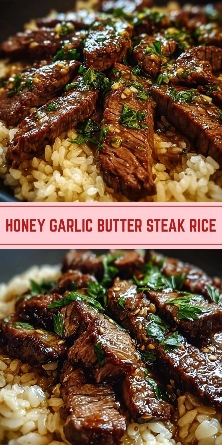 Honey Garlic Butter Steak served on a skillet with rice