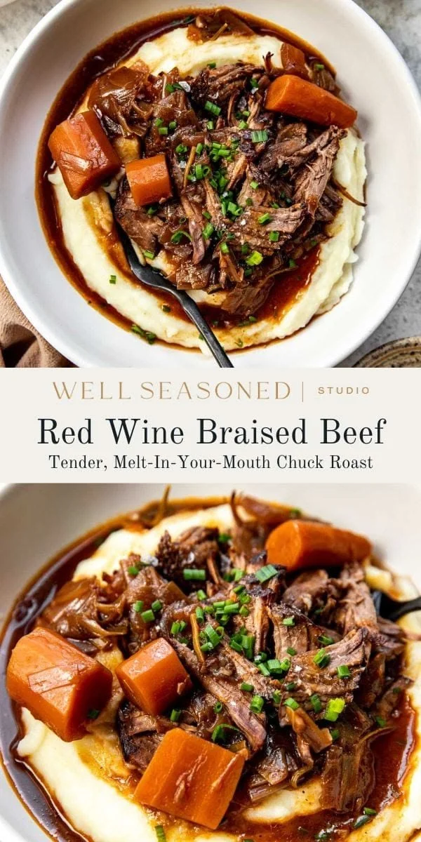 Plate of tender red wine braised beef served with vegetables