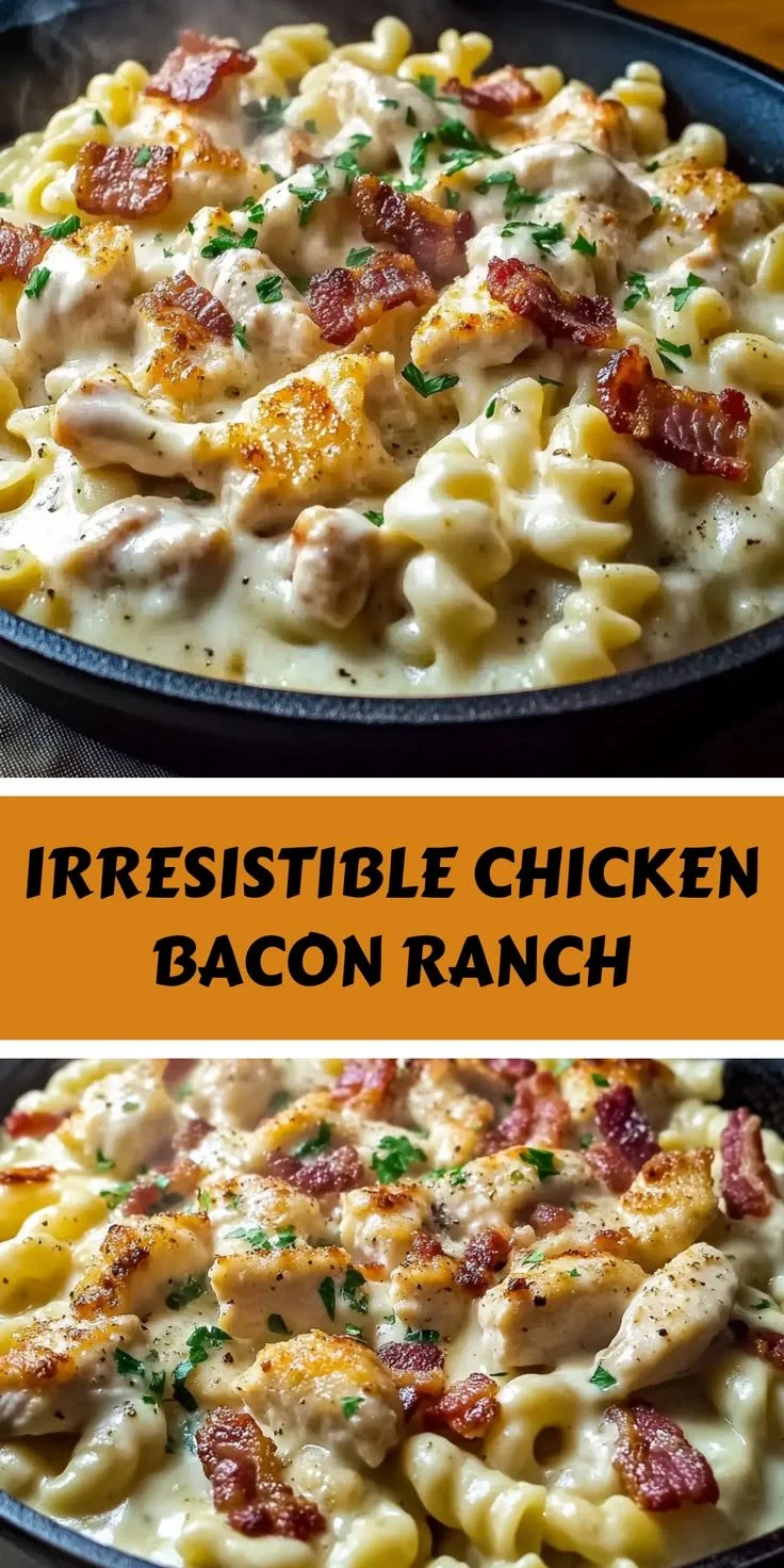 Creamy chicken bacon ranch pasta with herbs and spices in a bowl