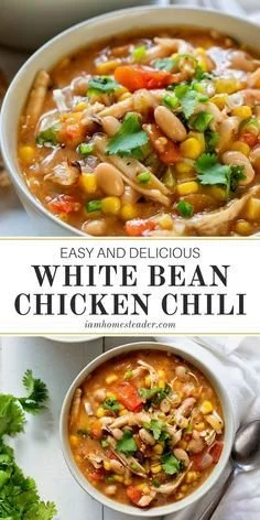 Bowl of white bean chicken chili garnished with cilantro and lime
