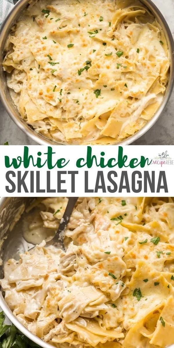 Delicious white chicken skillet lasagna served in a pan with herbs and cheese