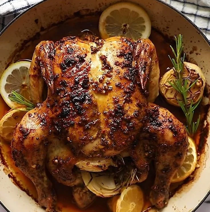 Delicious whole roasted chicken garnished with herbs and spices