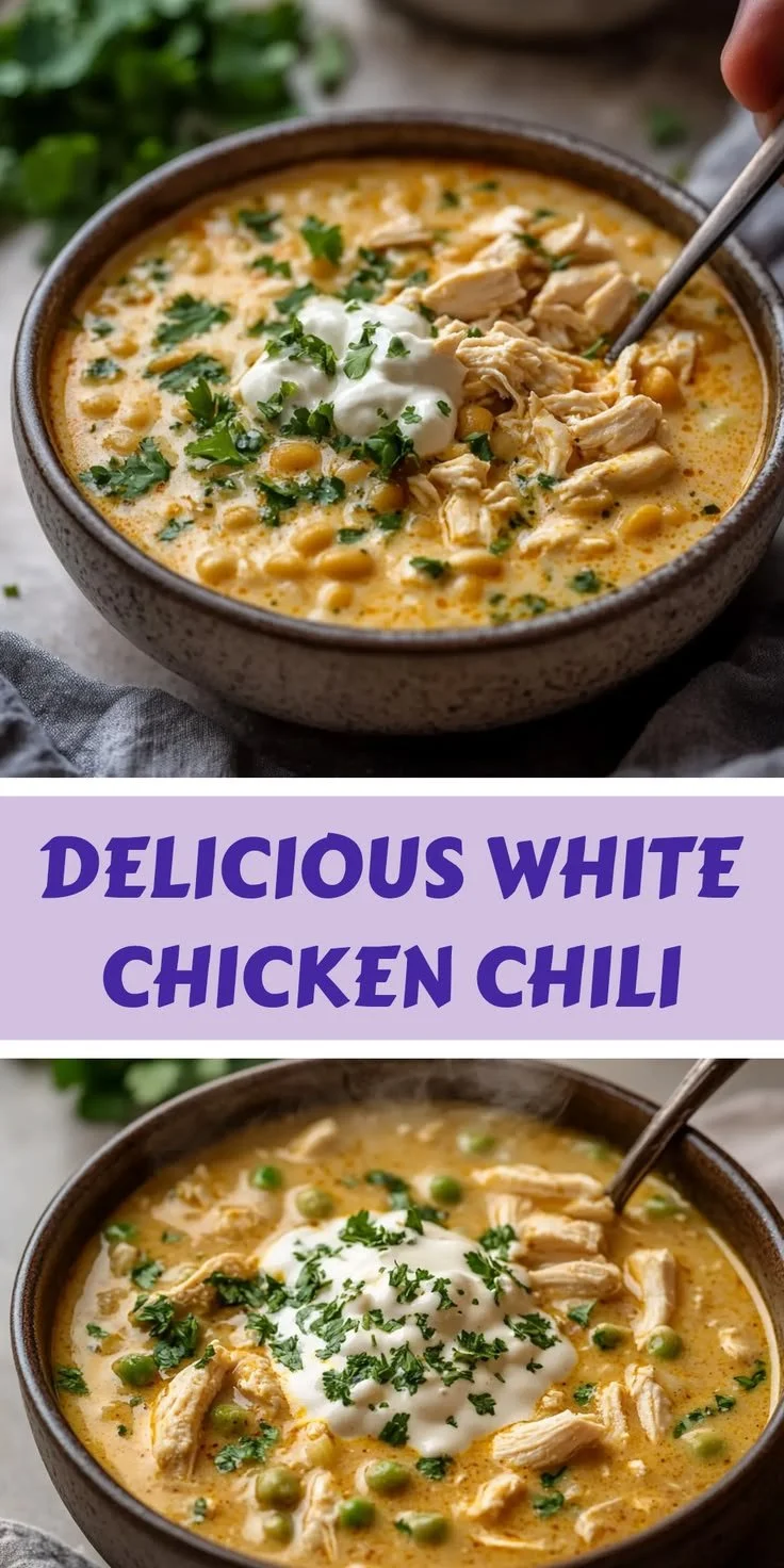 A bowl of white chicken chili garnished with cilantro and lime.