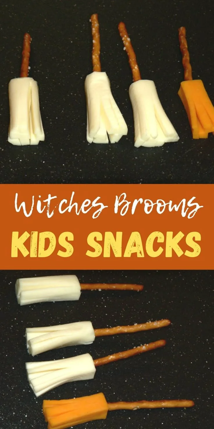 Halloween kids snacks featuring creative Witches Brooms made with pretzels and candy.