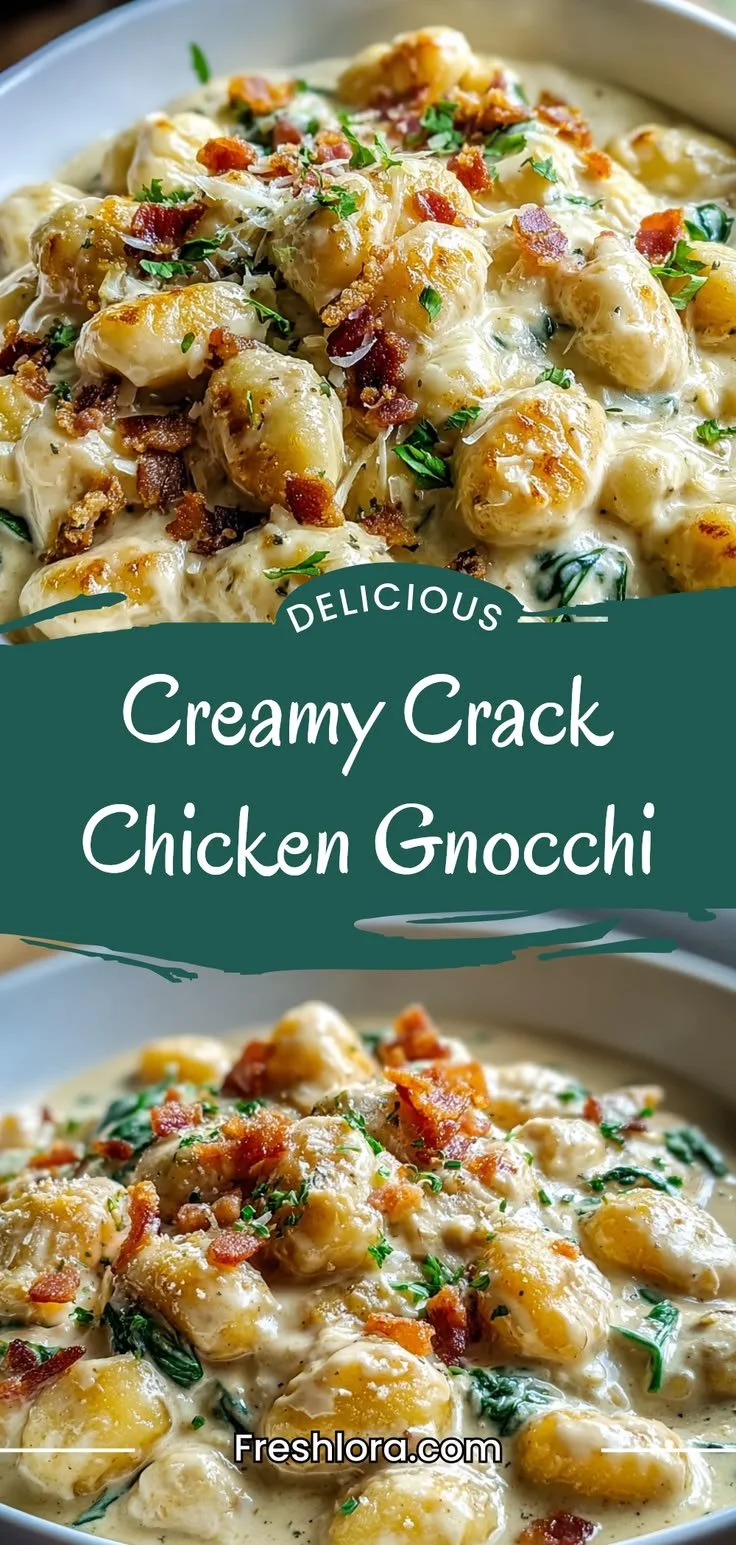 Creamy crack chicken gnocchi dish garnished with herbs in a bowl
