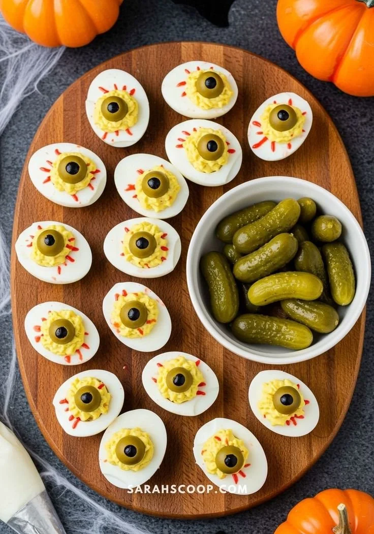 Halloween charcuterie board featuring spooky themed snacks and decor