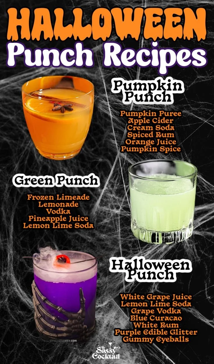 Colorful Halloween punch served in spooky-themed glasses for festive parties.