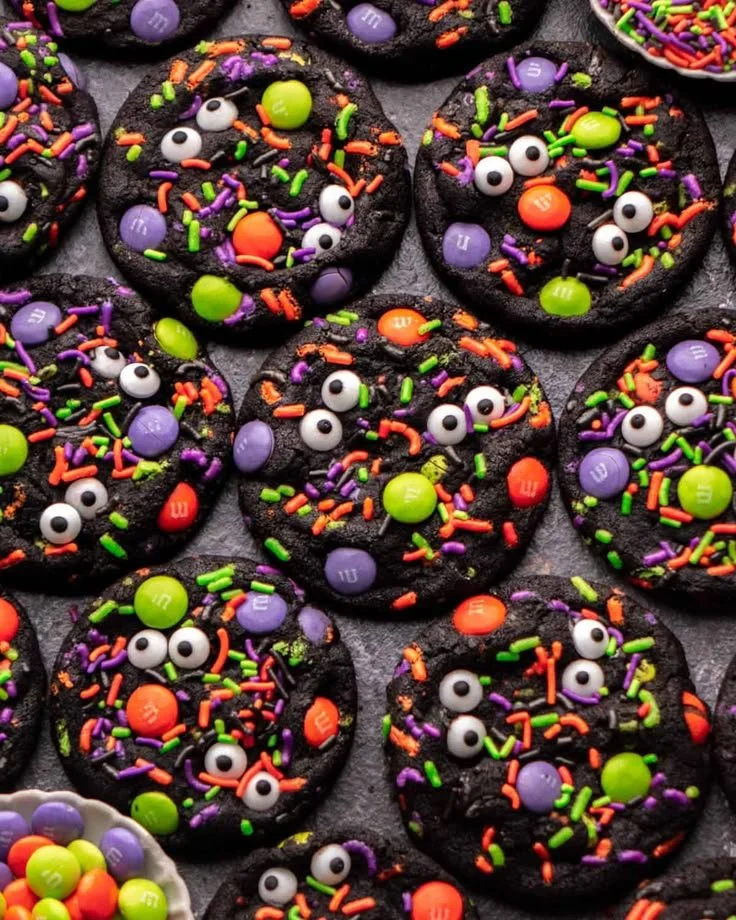 Assorted Halloween desserts including brownie cookies, dark chocolate cookies, and sprinkle cookies.