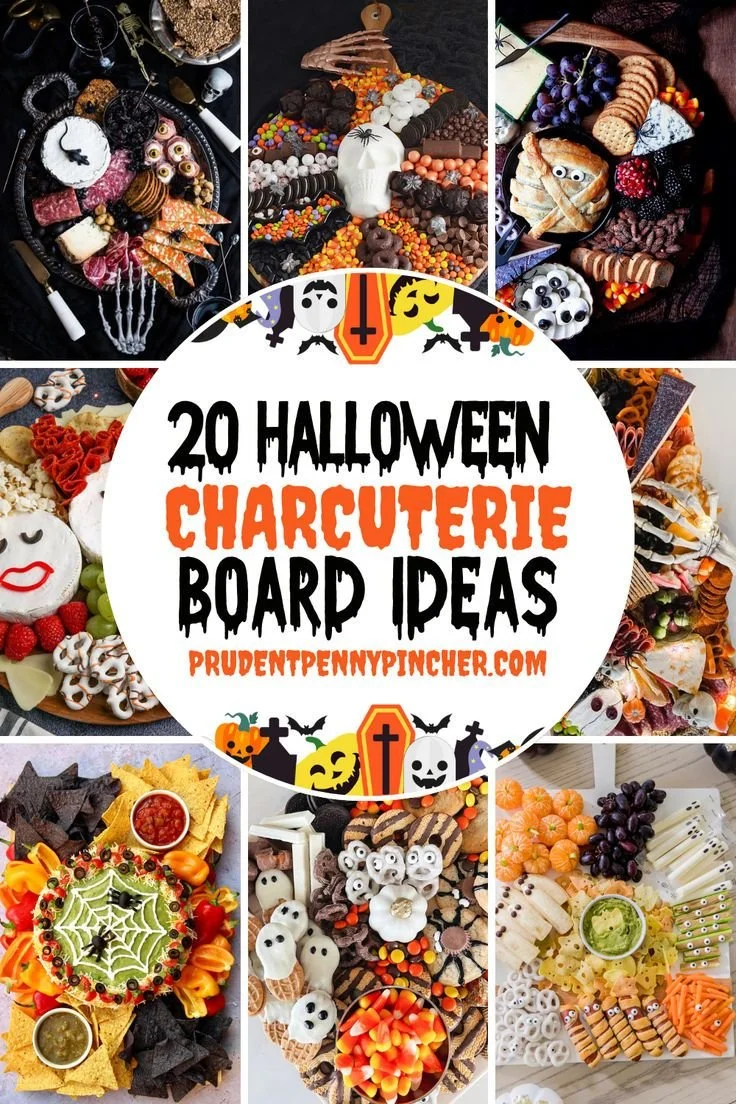Festive Halloween charcuterie board featuring themed snacks and decor for parties.