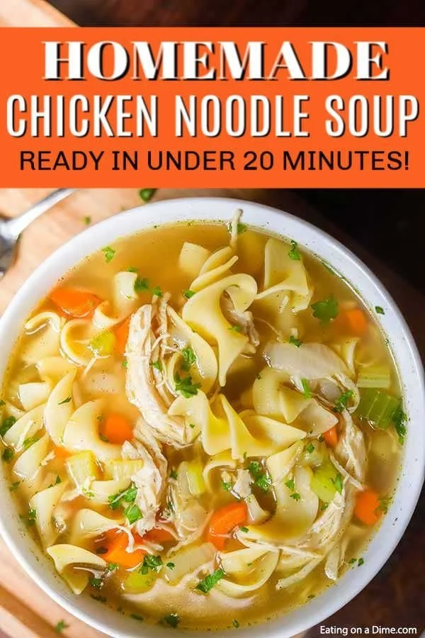 A bowl of homemade chicken noodle soup with vegetables and chicken pieces
