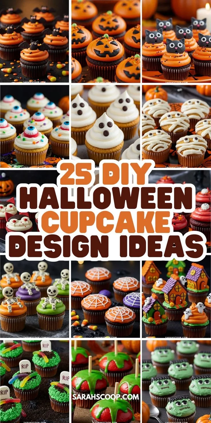 Spooky Halloween cupcakes decorated with ghosts, pumpkins, and sweets