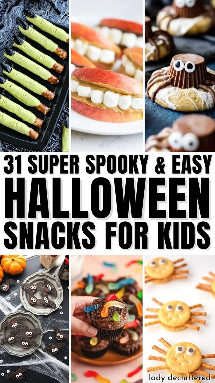 Assorted spooky Halloween snacks for kids, perfect for festive parties.
