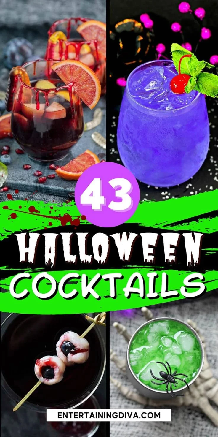 A festive spread of spooky Halloween cocktails in Halloween-themed glasses.