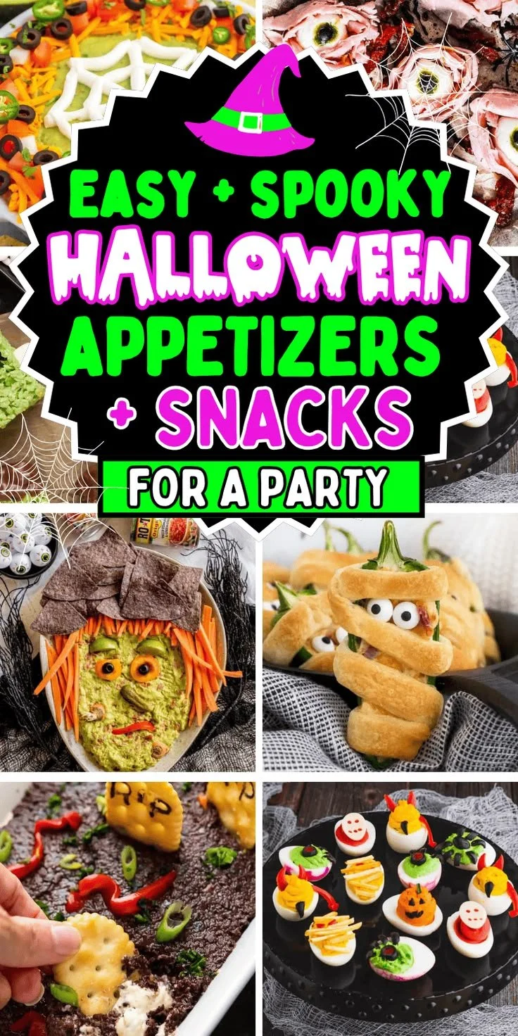 Platter of spooky Halloween appetizers for a festive party.