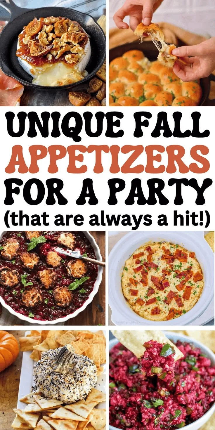 Variety of fall party appetizers and dips served on a festive table.