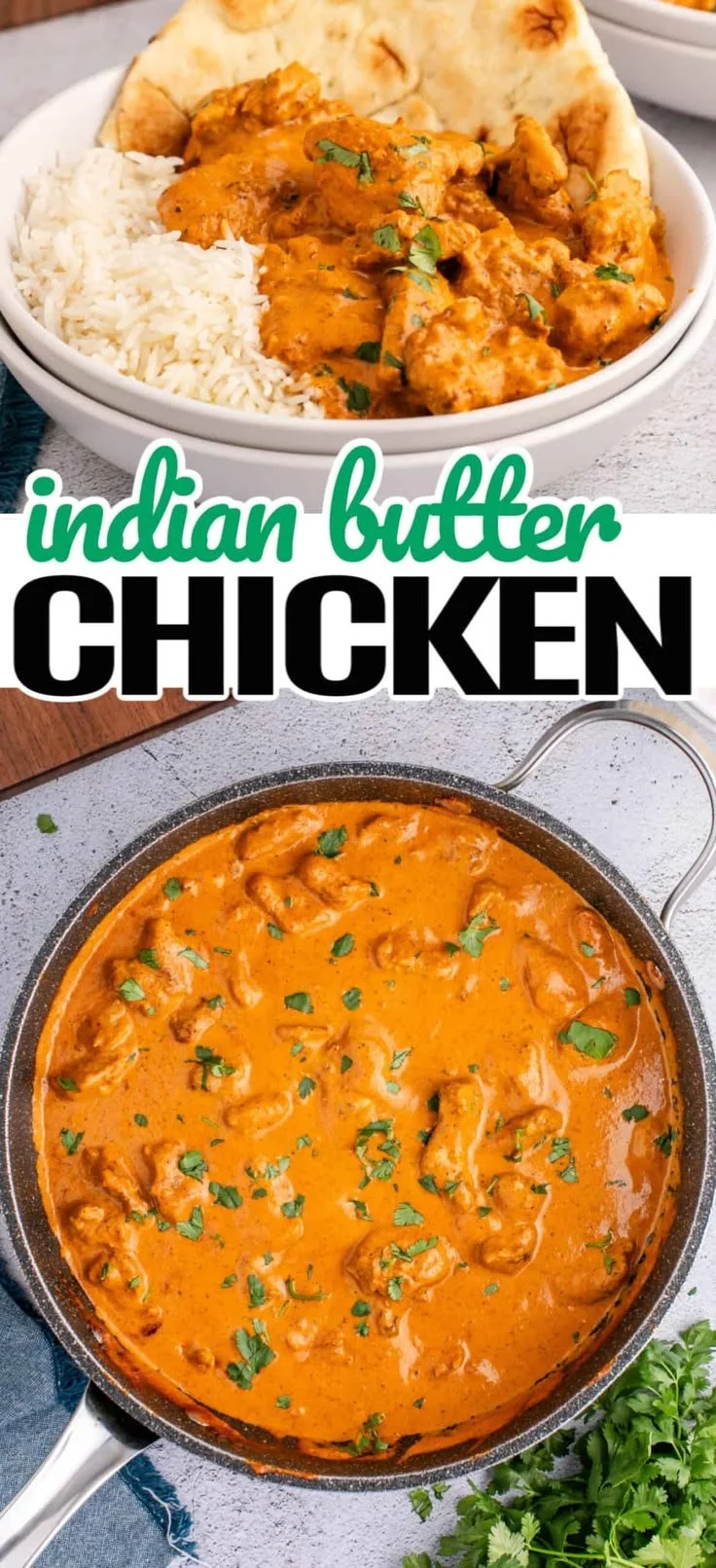 Creamy butter chicken curry served with rice and naan, showcasing Indian cuisine.