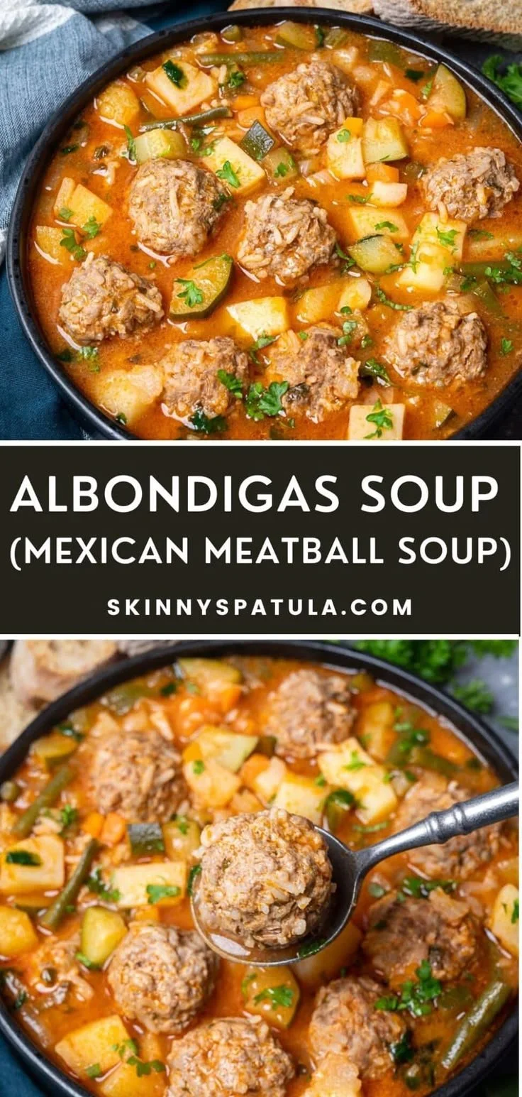 Bowl of Albondigas Soup featuring Mexican meatballs and vegetables