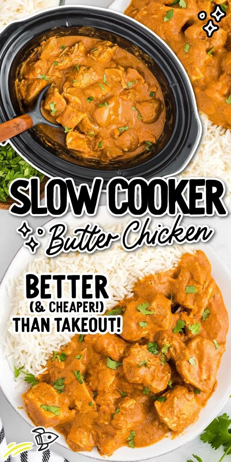 Delicious slow cooker butter chicken served with rice and garnished with cilantro