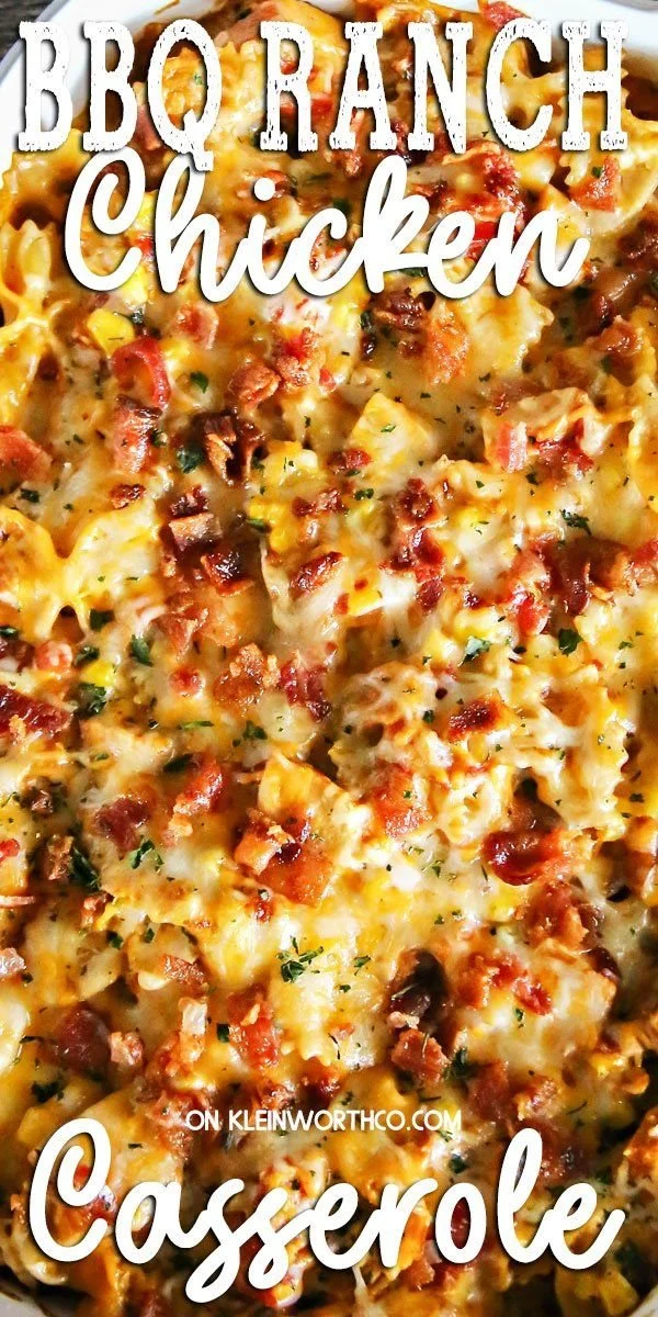 Delicious BBQ chicken casserole topped with cheese and fresh ingredients.