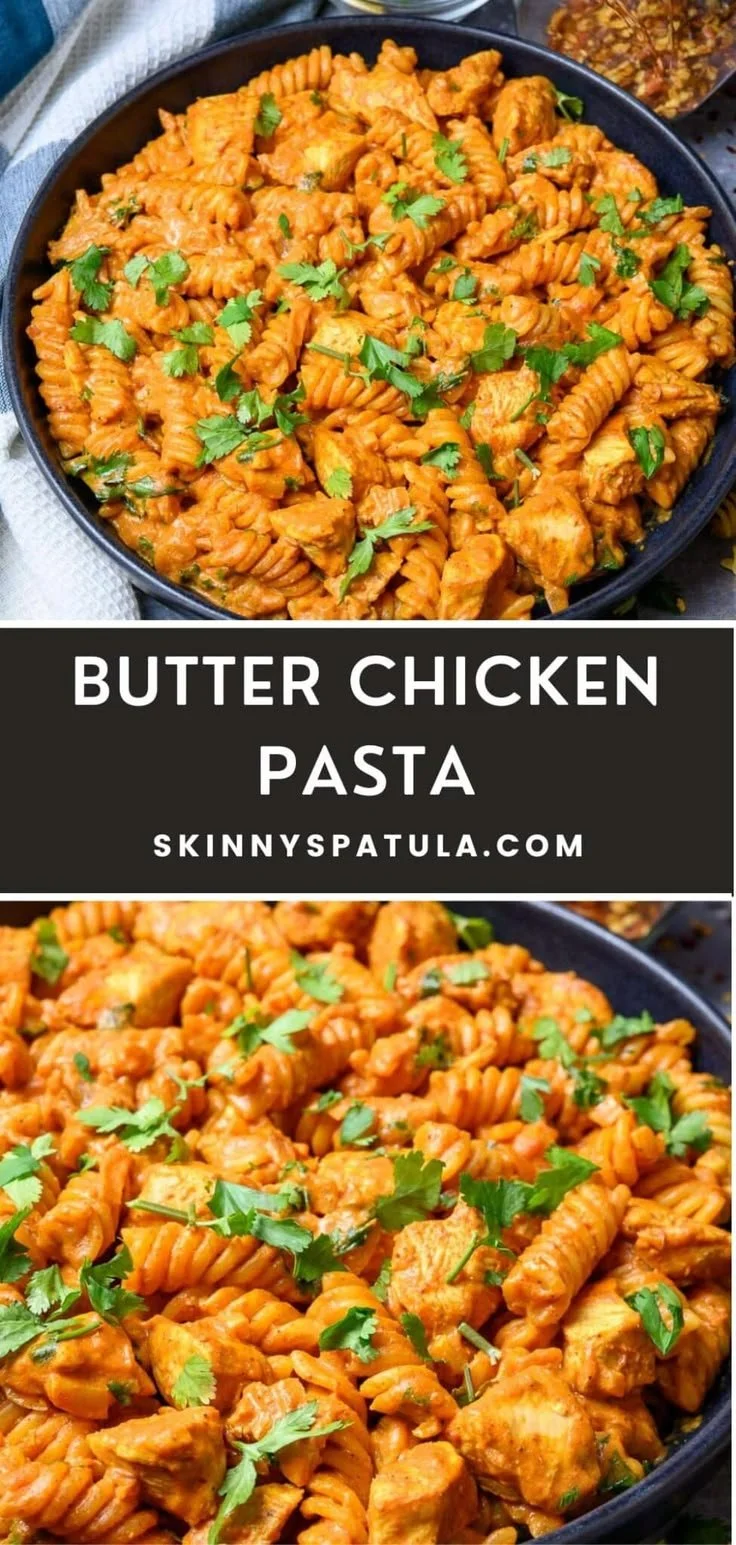 Creamy butter chicken pasta served in a bowl with cilantro garnish