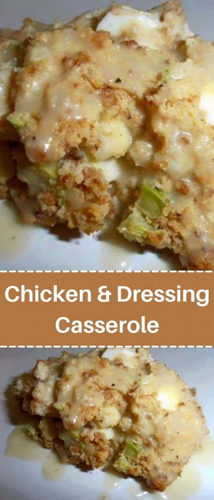 Delicious chicken and dressing casserole baked until golden and crispy.