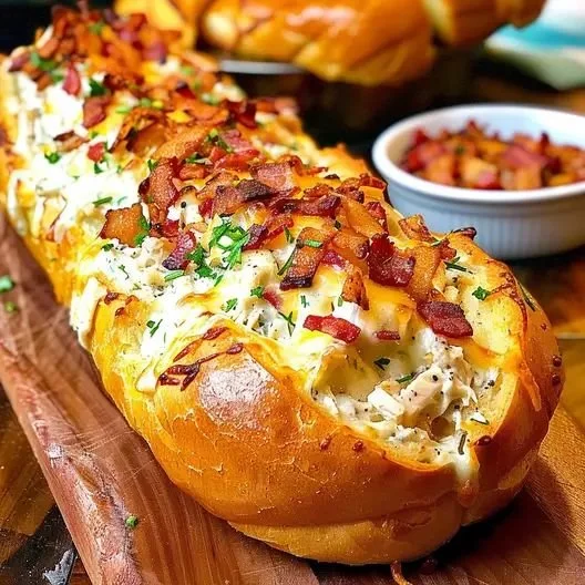 Chicken Bacon Ranch Stuffed Bread garnished and ready to serve
