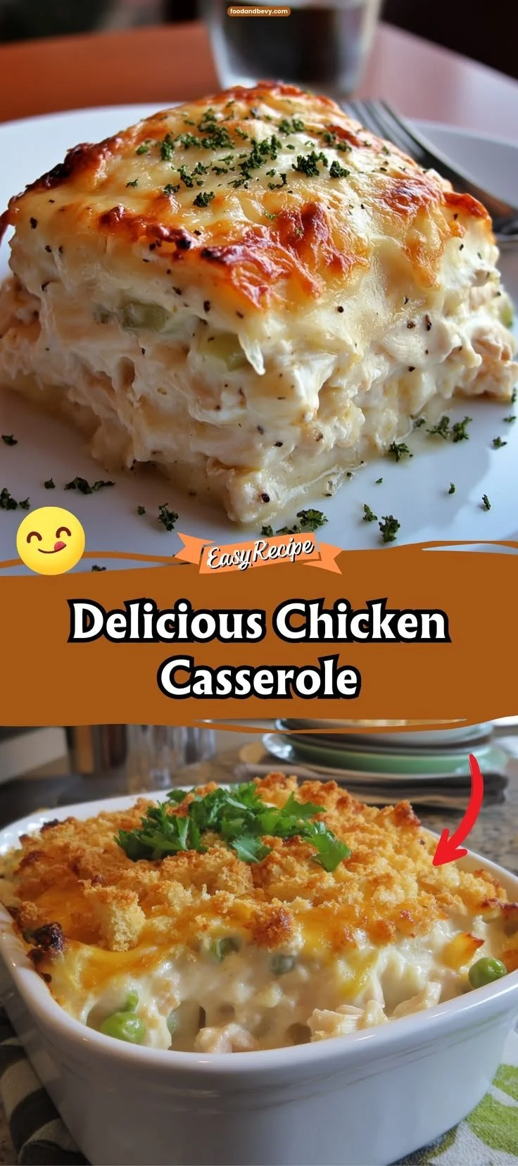 Delicious chicken casserole baked with creamy sauce and topped with crispy breadcrumbs