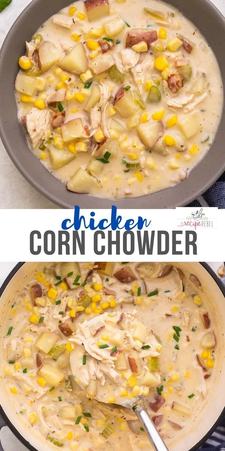 Bowl of creamy Chicken Corn Chowder garnished with fresh herbs