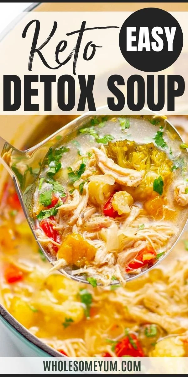Bowl of Chicken Detox Soup with fresh vegetables and herbs