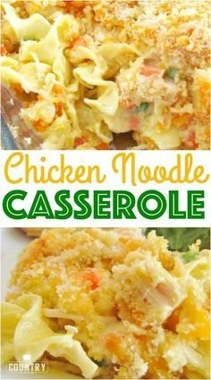 Delicious Chicken Noodle Casserole served in a baking dish with herbs