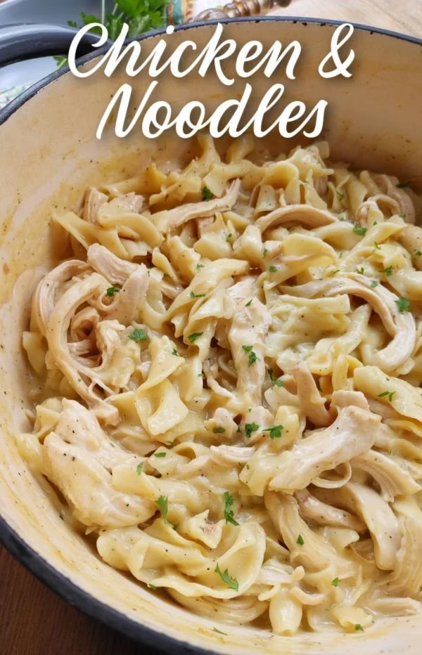 A delicious bowl of chicken noodles made in a stove-top and crock pot.