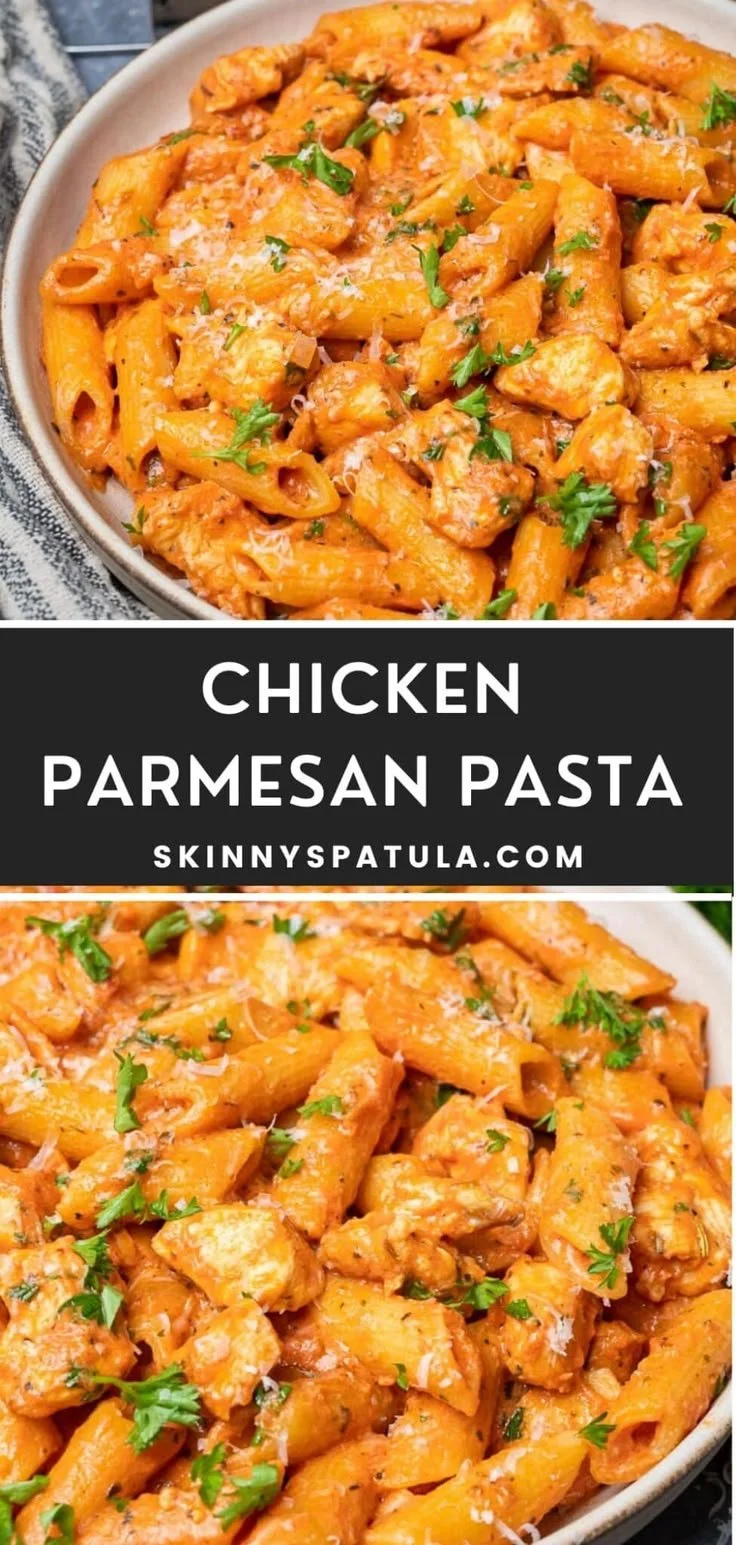 Delicious Chicken Parmesan Pasta topped with cheese and herbs served in a bowl.