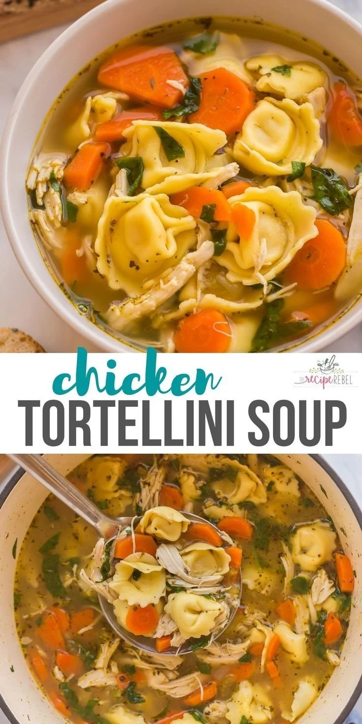Bowl of Chicken Tortellini Soup garnished with herbs