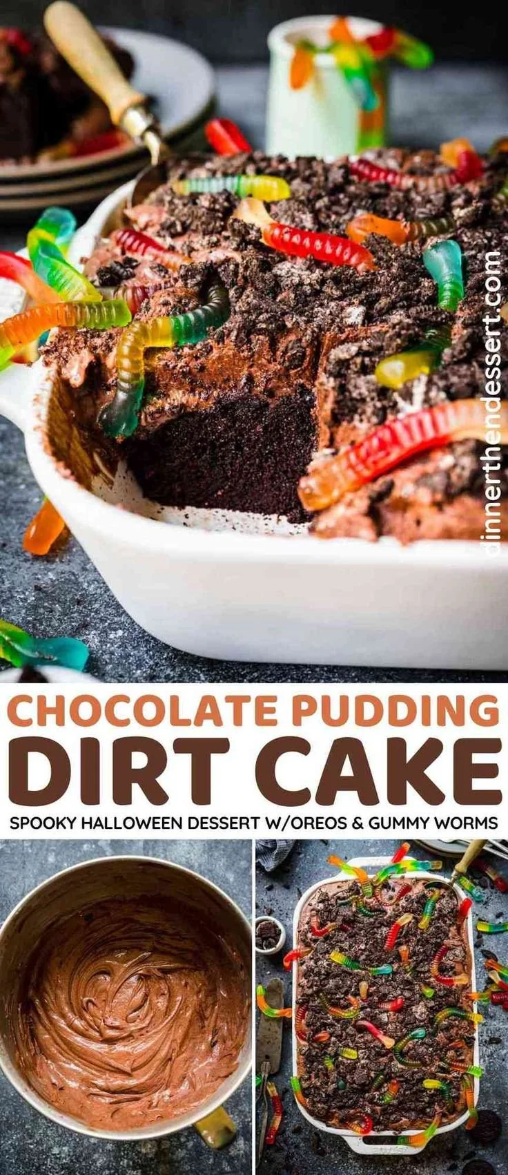 Chocolate Pudding Dirt Cake with crushed Oreos and gummy worms for Halloween