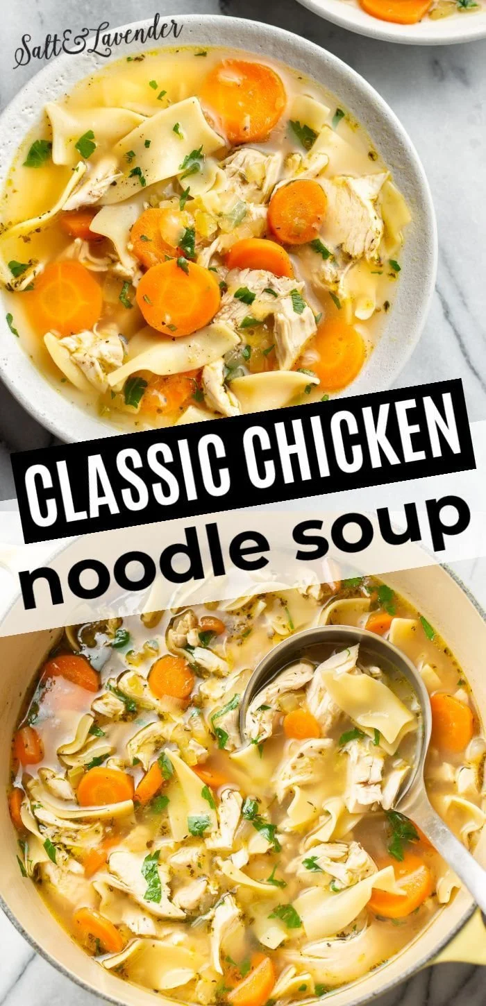 Bowl of classic chicken noodle soup with fresh herbs and vegetables