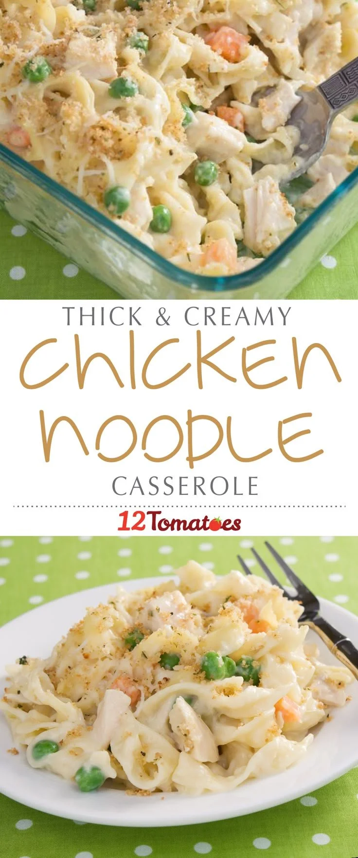 Thick and creamy chicken noodle casserole in a baking dish